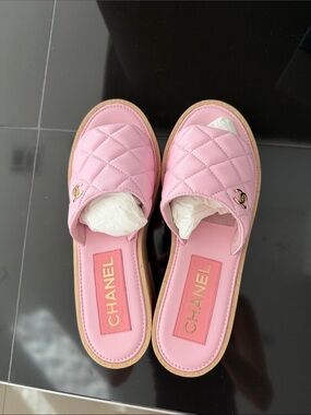 CHANEL Pink Quilted Leather Slide Mules with Gold CC--FLASH SELL--